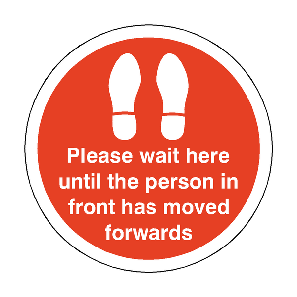 Please Wait Until Person In Front Has Moved Floor Sticker - Red | Safety-Label.co.uk