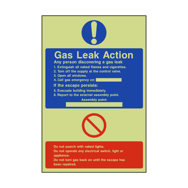 Fire Action Gas Leak Photoluminescent Sticker | Safety-Label.co.uk