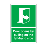 Door Opens By Pulling On The Left-hand Side Sticker | Safety-Label.co.uk