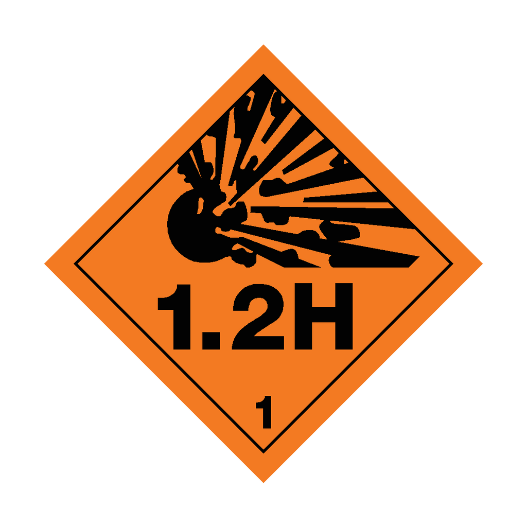 Self-adhesive Class 1.2H Explosive sticker from Safety-Label.co.uk with bold warning text for safety signage.