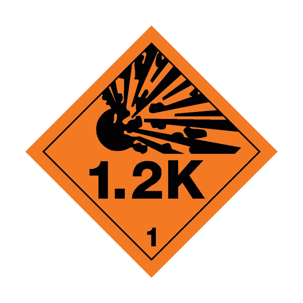 Self-adhesive Class 1.2K Explosive sticker from Safety-Label.co.uk, featuring bold warning graphics on a white background.