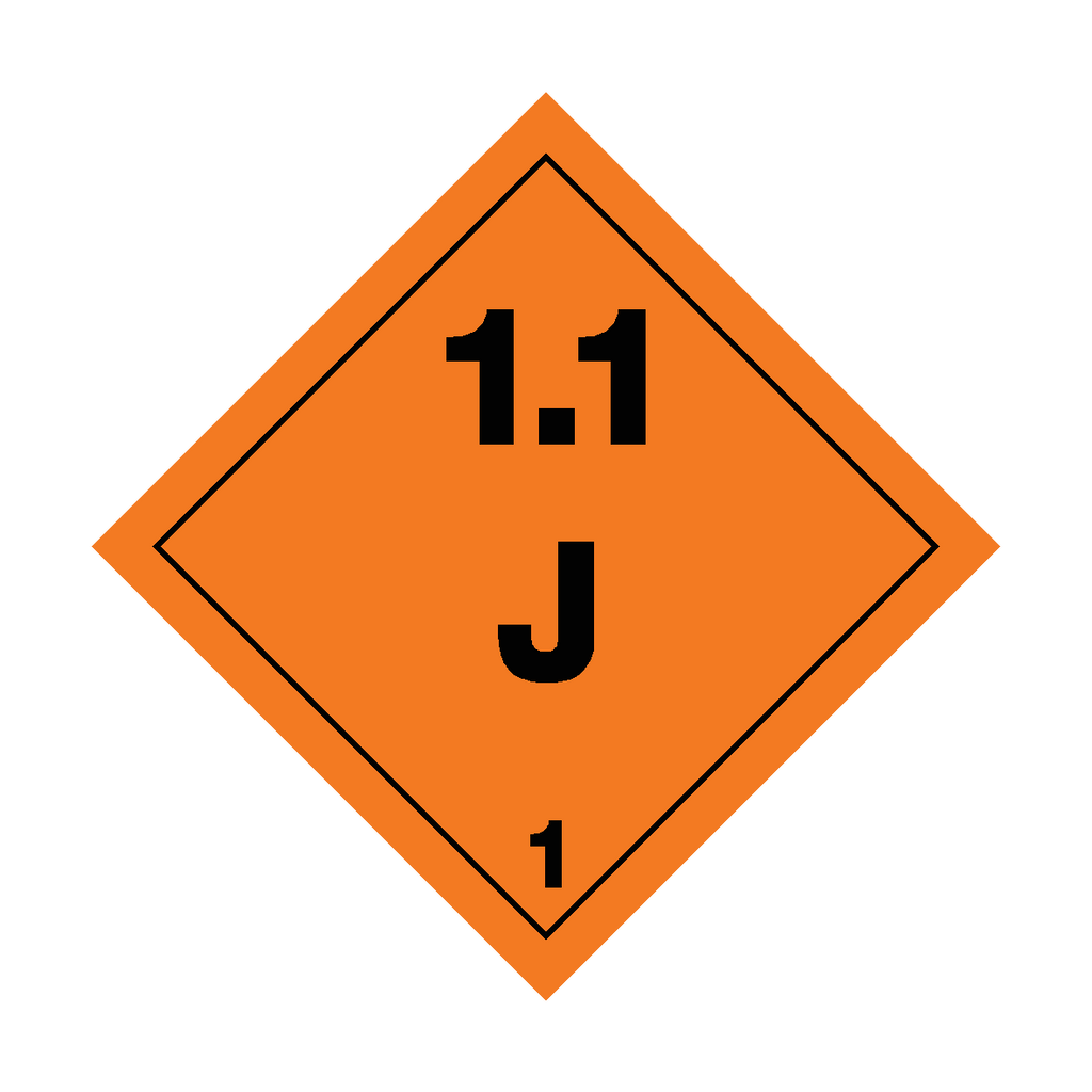 Self-adhesive Class 1.1 Explosives J sticker from Safety-Label.co.uk showing bold warning text and safety symbol on a white background.