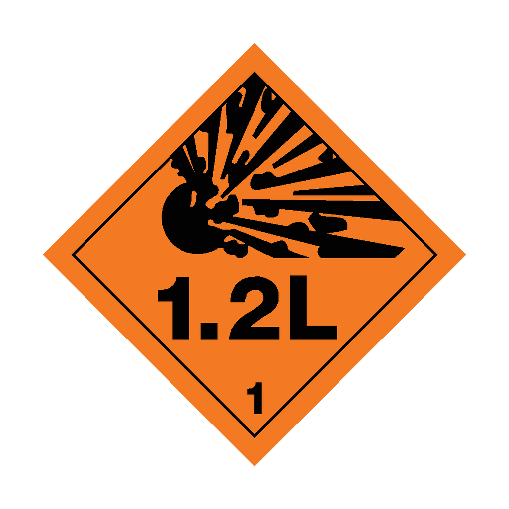 Self-adhesive Class 1.2L Explosive sticker featuring bold warning text on a safety label from Safety-Label.co.uk.