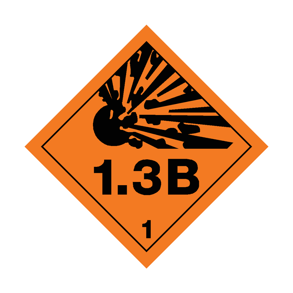 Self-adhesive Class 1.3B Explosive sticker from Safety-Label.co.uk, featuring bold warning text on a bright background for safety.