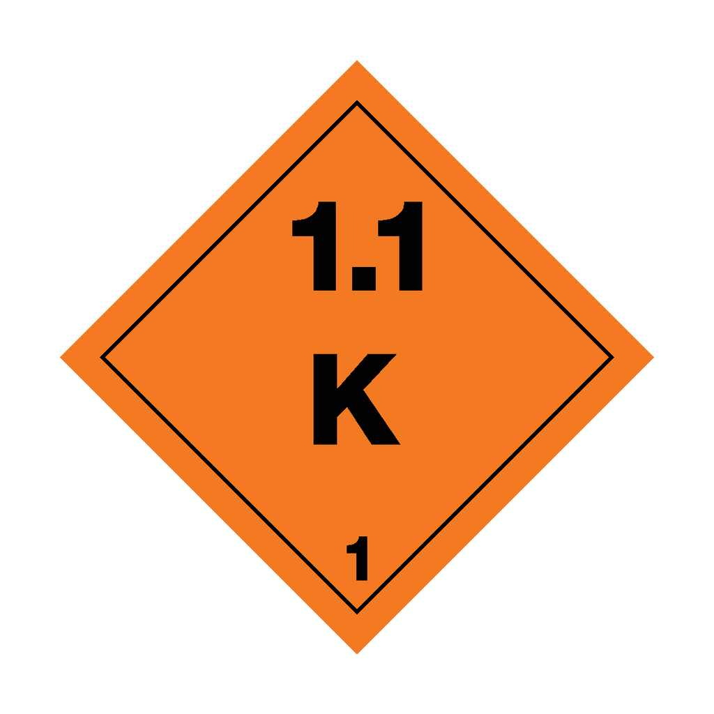Self-adhesive Class 1.1 Explosives K sticker from Safety-Label.co.uk, featuring bold warning text and safety symbols.
