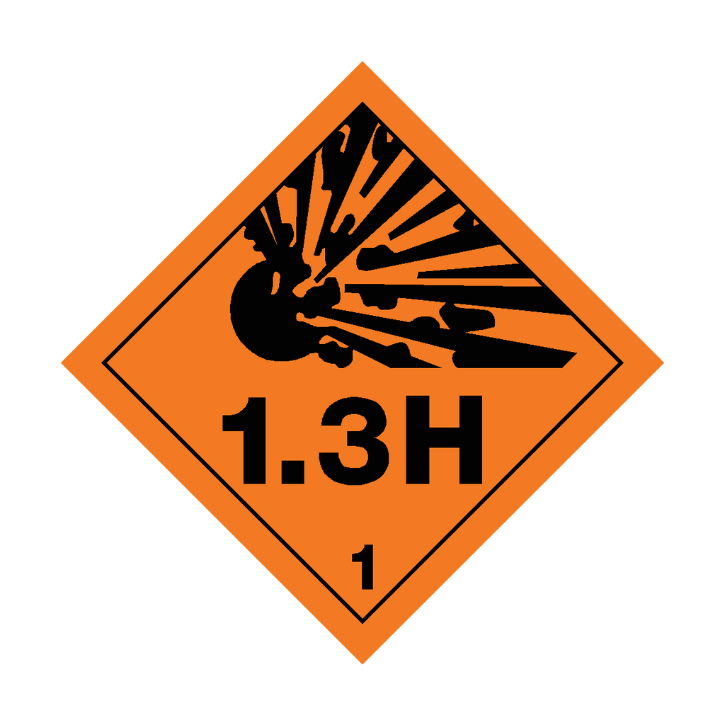 Self-adhesive Class 1.3H Explosive sticker from Safety-Label.co.uk, featuring clear hazard warning text and bright red background.
