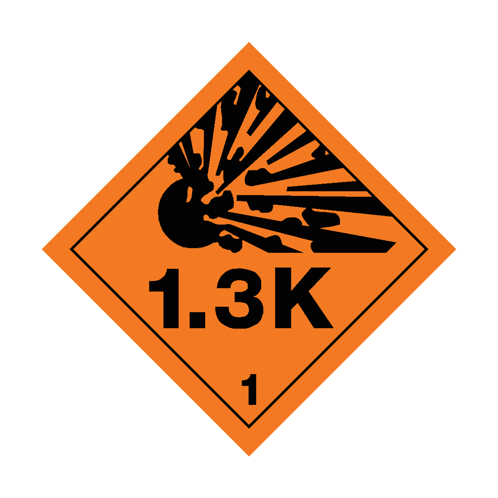 Self-adhesive Class 1.3K Explosive sticker from Safety-Label.co.uk, featuring bold warning text on a safety label.
