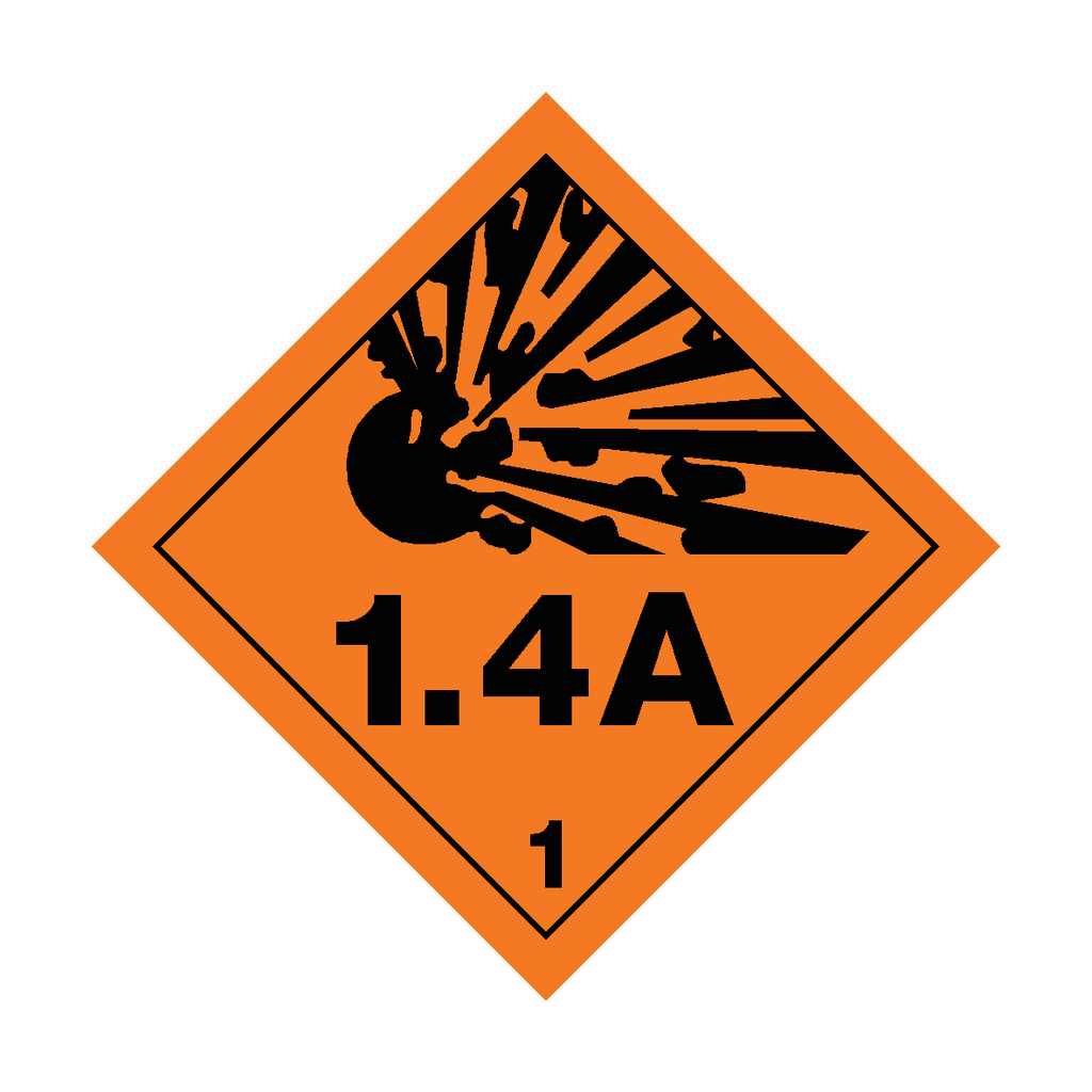Self-adhesive Class 1.4A Explosive sticker by Safety-Label.co.uk, featuring warning symbols and bold red text for safety.