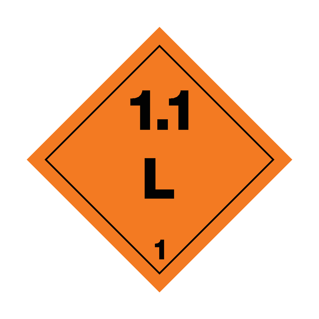 Self-adhesive Class 1.1 Explosives L sticker from Safety-Label.co.uk with bold warning symbols for hazardous materials.