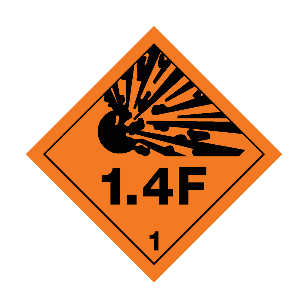 Self-adhesive Class 1.4F Explosive Sticker by Safety-Label.co.uk, featuring bold warning text for safety labeling.