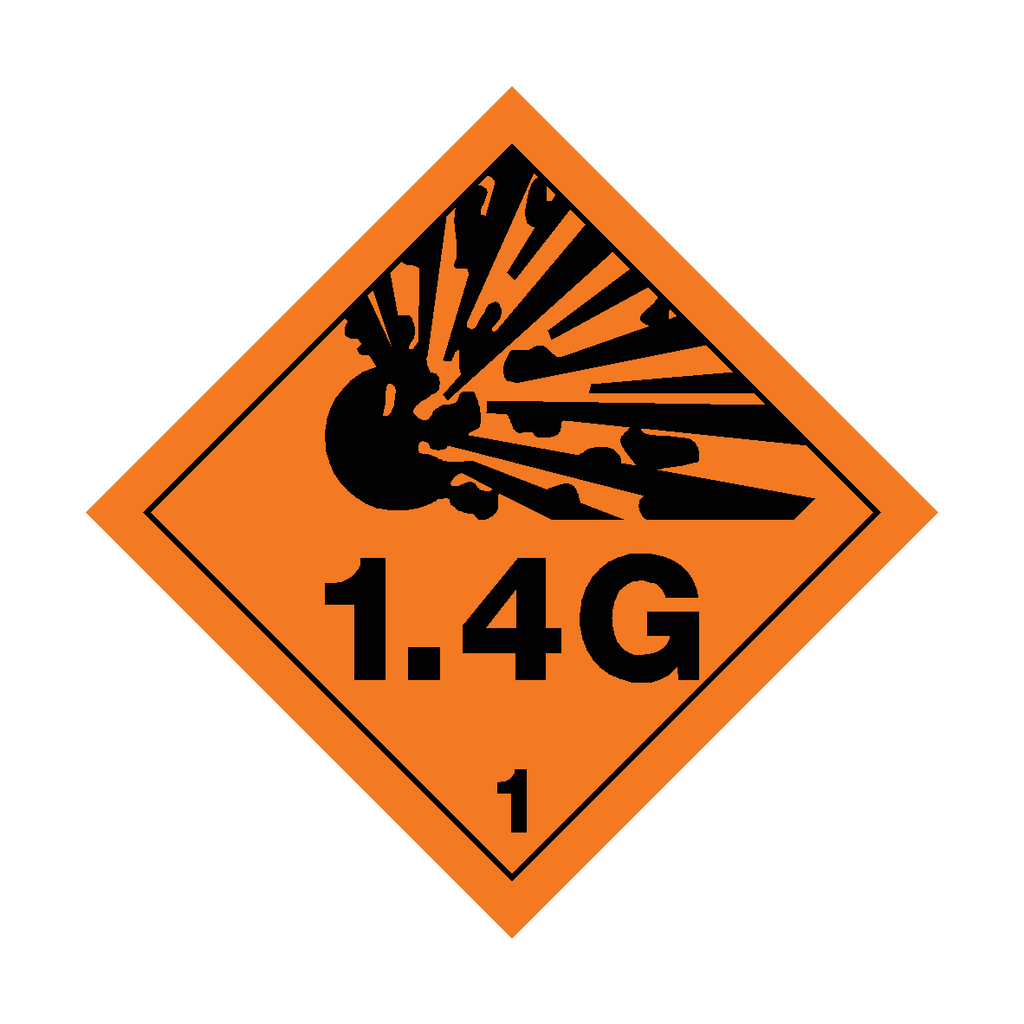 Self-adhesive Class 1.4G explosive warning sticker from Safety-Label.co.uk, featuring bold hazard symbols and clear safety messaging.