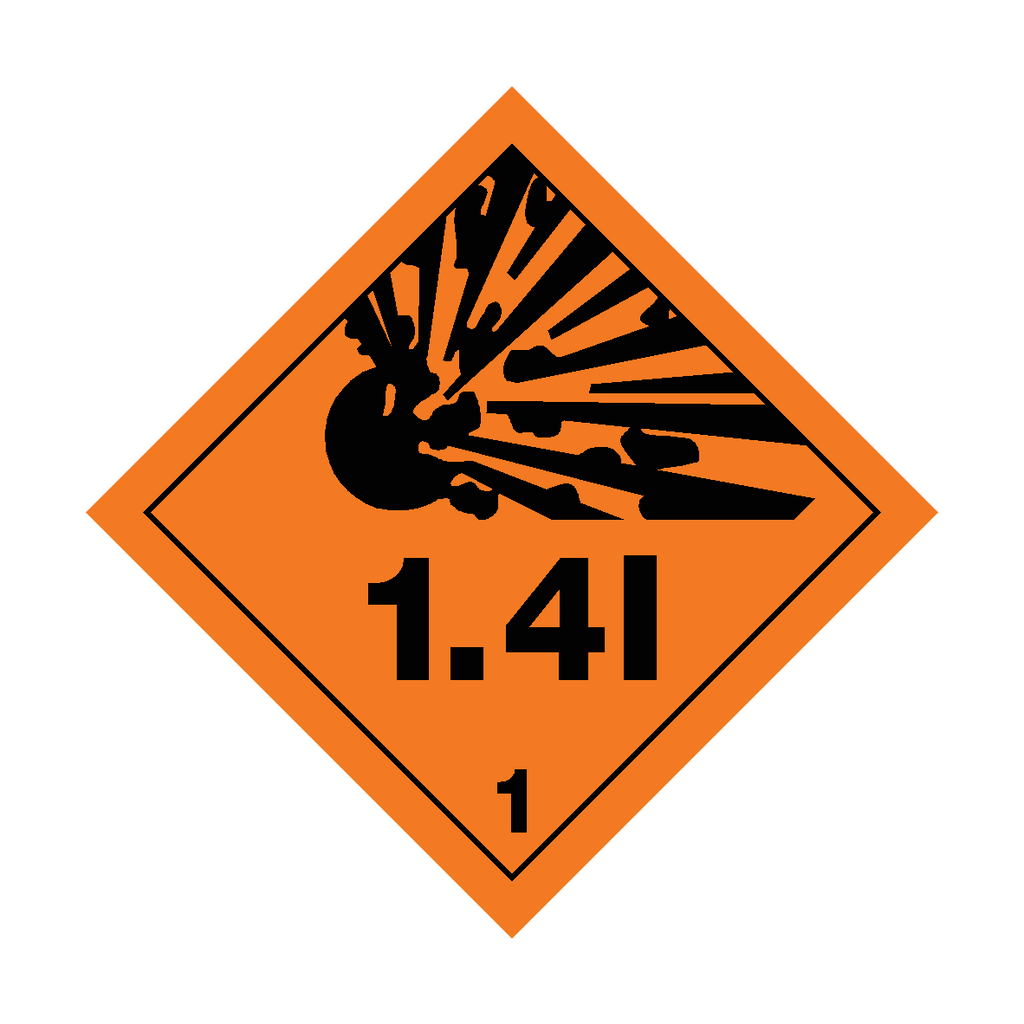 Self-adhesive Class 1.4I explosive warning sticker from Safety-Label.co.uk showing bold red and white hazard design.