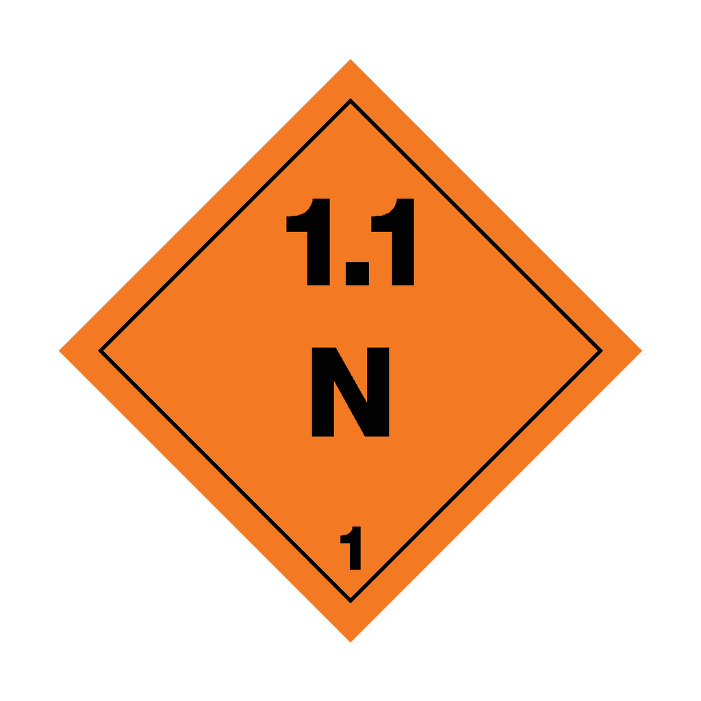 Self-adhesive Class 1.1 Explosives N sticker from Safety-Label.co.uk with bold warning text for safety compliance.