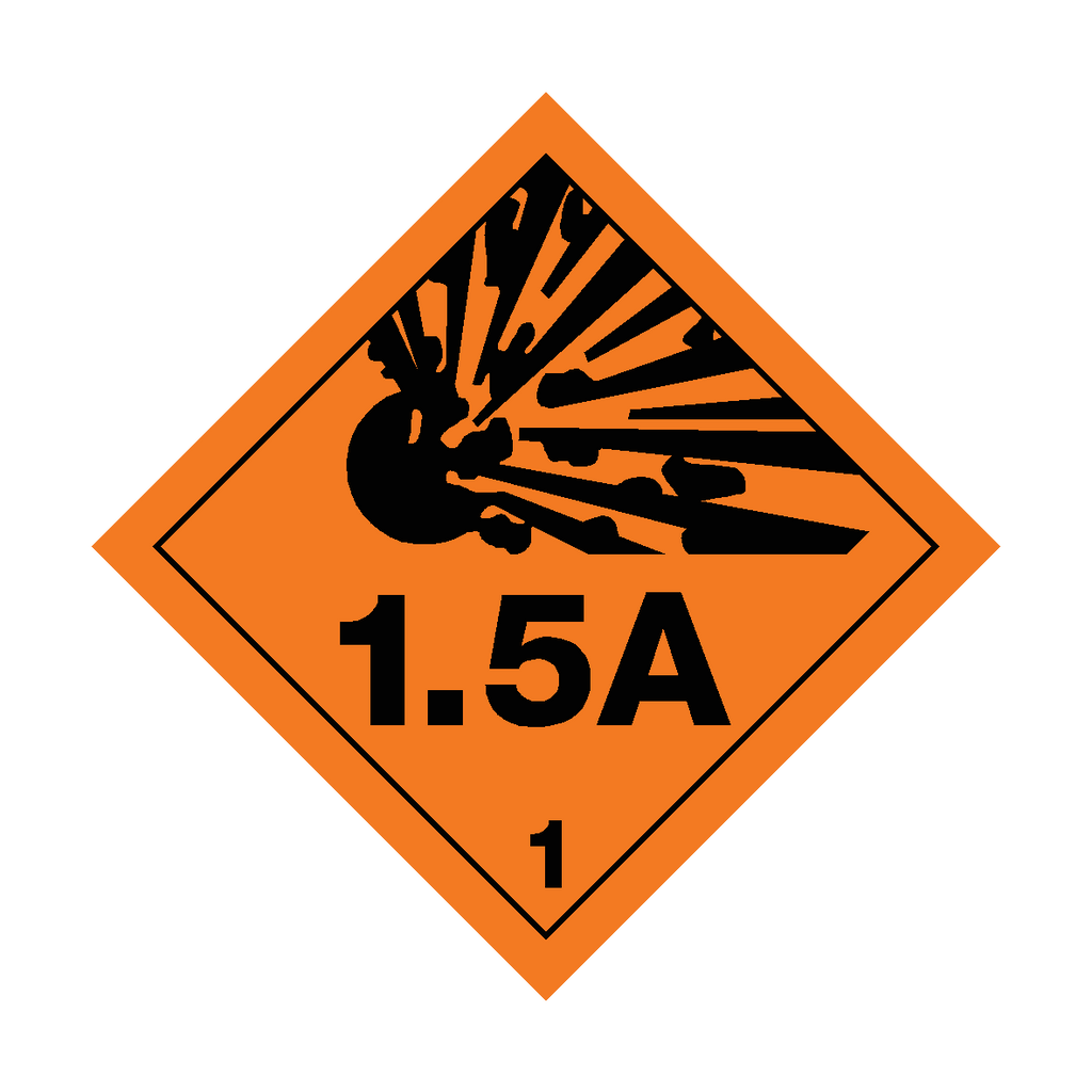Self-adhesive Class 1.5A explosive warning sticker from Safety-Label.co.uk with bold safety symbols and clear text.