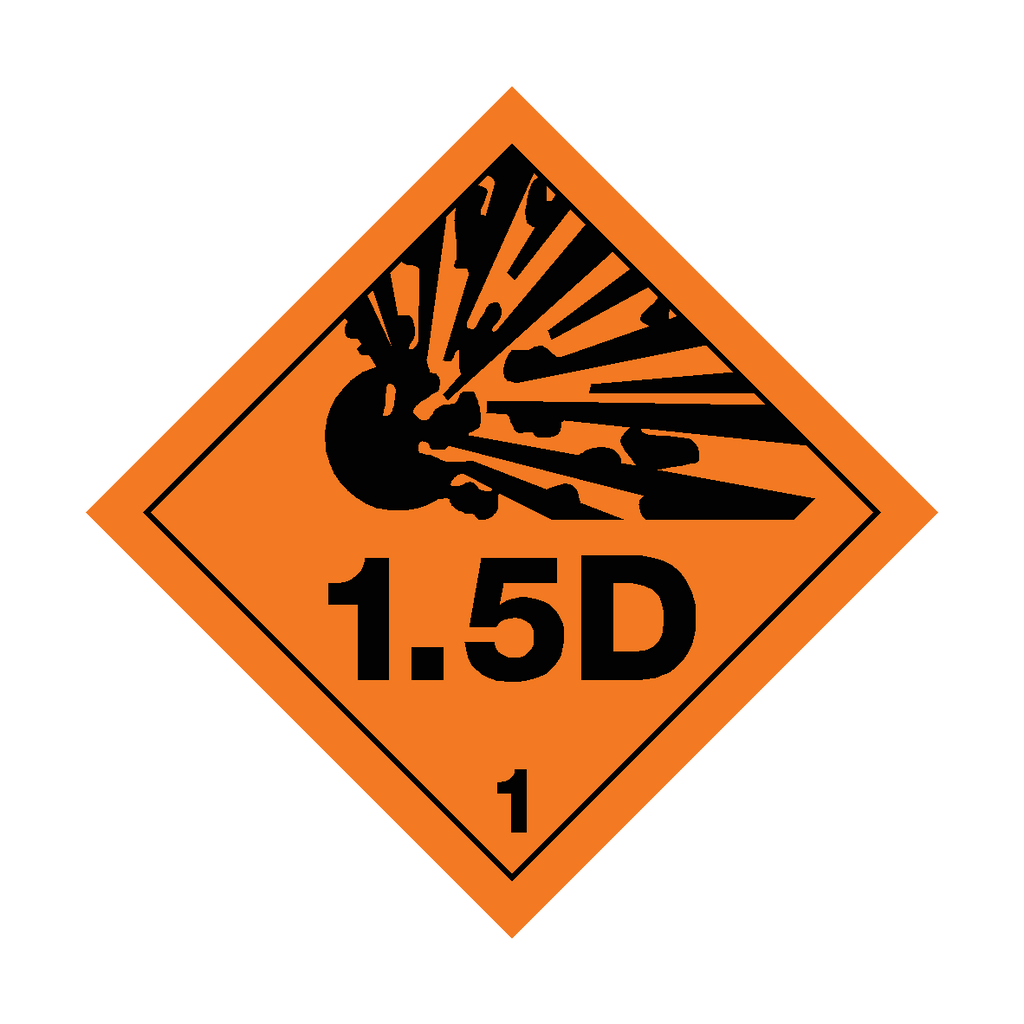 Self-adhesive Class 1.5D Explosive safety sticker from Safety-Label.co.uk showing warning graphic and bold lettering.