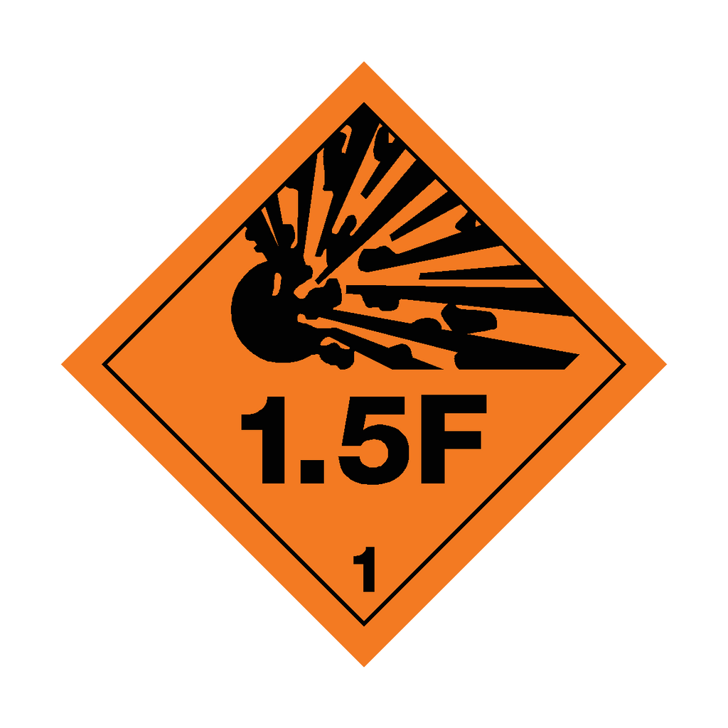 Class 1.5F Explosive self-adhesive sticker from Safety-Label.co.uk showing a warning label with explosive hazard warning symbol.