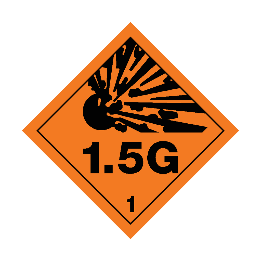 Self-adhesive Class 1.5G explosive sticker from Safety-Label.co.uk, featuring clear hazard warning text in bold black letters on a yellow background.