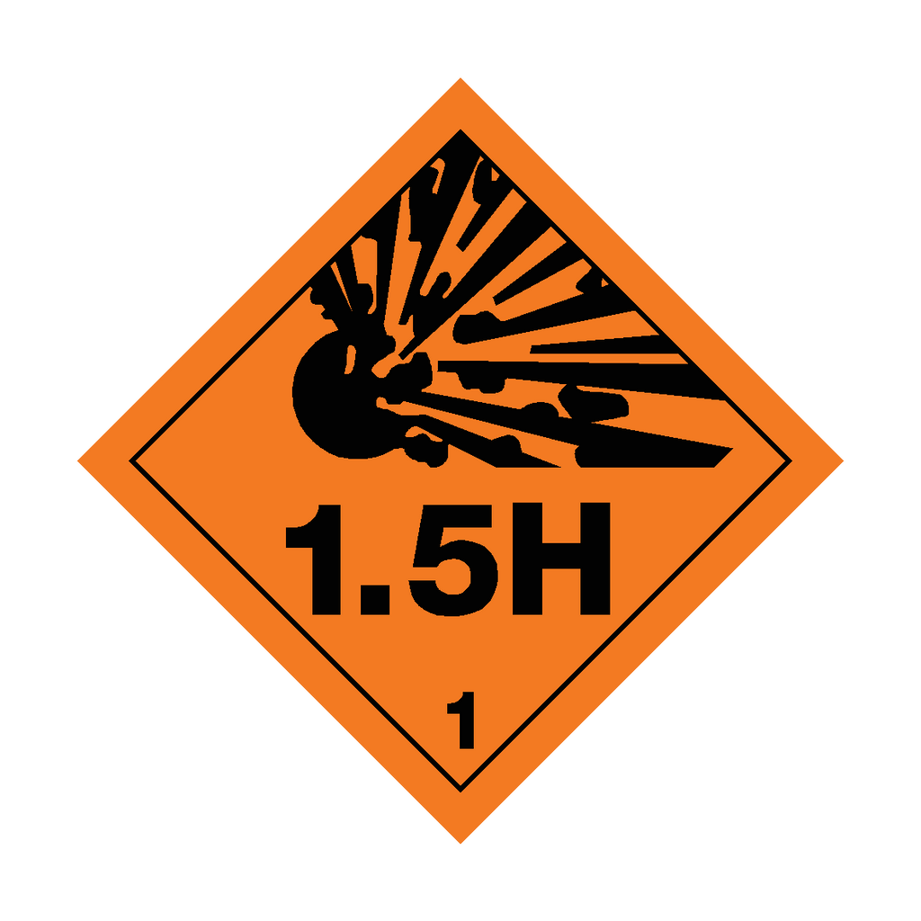 Class 1.5H Explosive self-adhesive sticker with bold warning text and safety symbols on a white background.