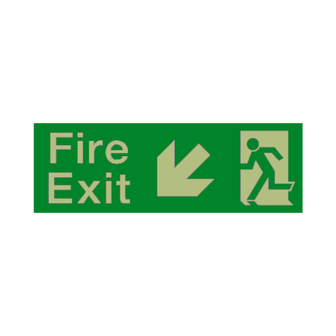 Fire Exit Arrow Down Left Photoluminescent Sign | Safety-Label.co.uk