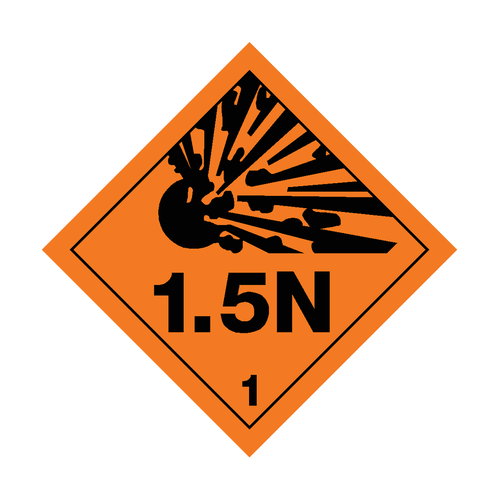 Self-adhesive Class 1.5N Explosive sticker with warning text and safety symbols on a white background.