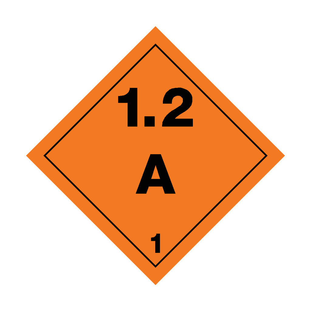 Self-adhesive Class 1.2 Explosives A sticker with safety warning label from Safety-Label.co.uk on a white background.