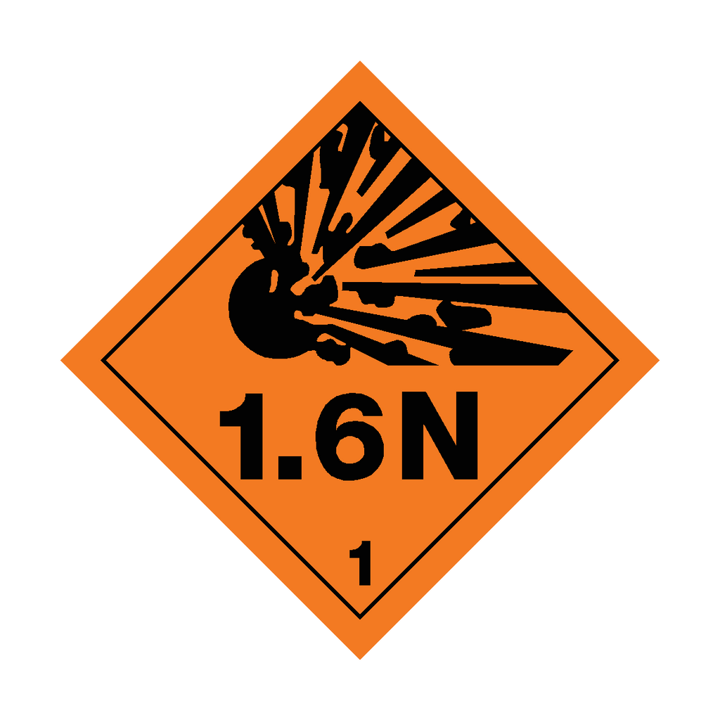 Self-adhesive Class 1.6N explosive warning sticker from Safety-Label.co.uk showing bold hazard symbols and clear safety text.