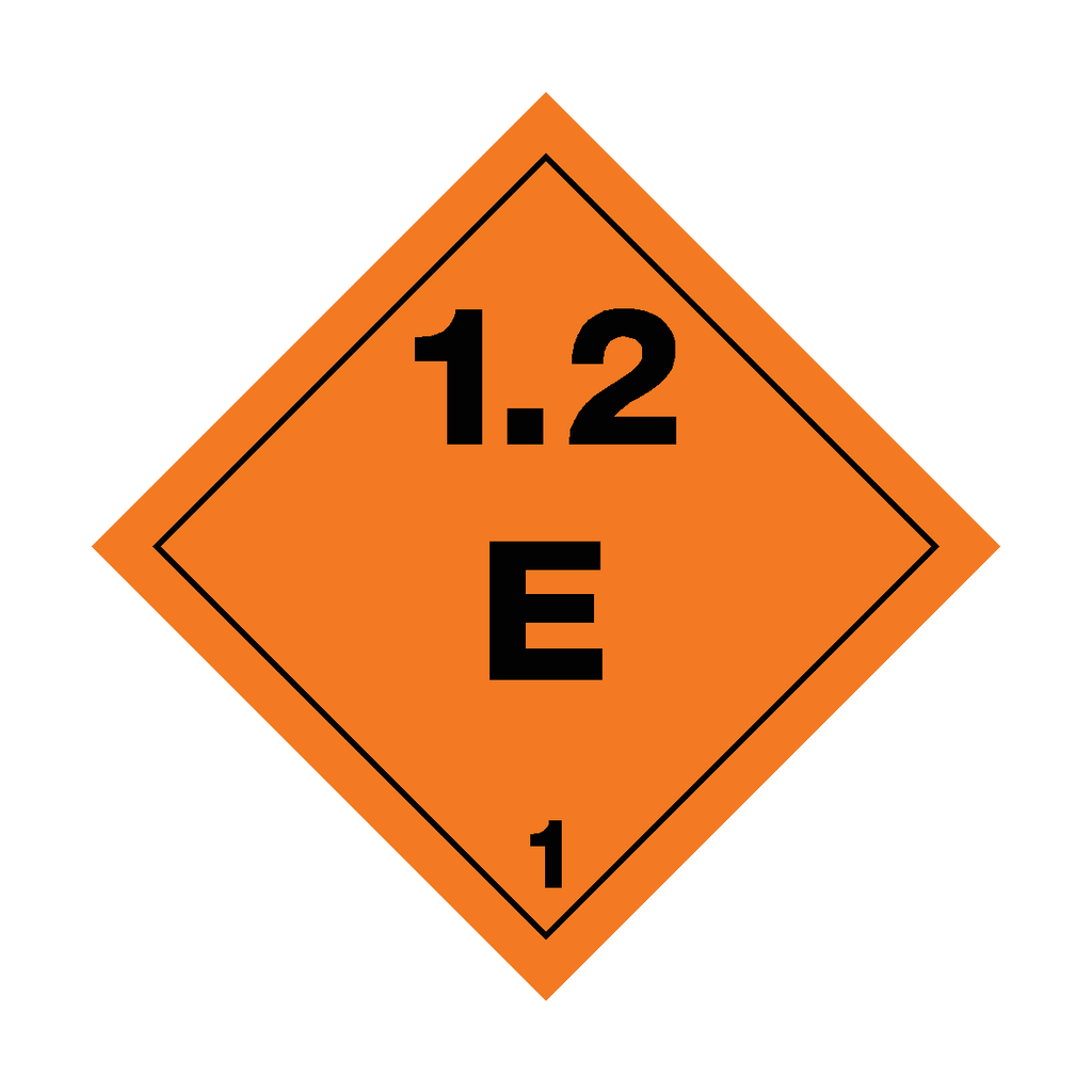 Self-adhesive Class 1.2 Explosives E sticker from Safety-Label.co.uk showing bold warning text on a clear background.