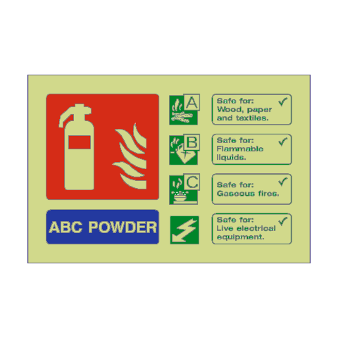 Photoluminescent ABC Powder Extinguisher Sticker with Safety-Label.co.uk branding, designed for fire safety signage.