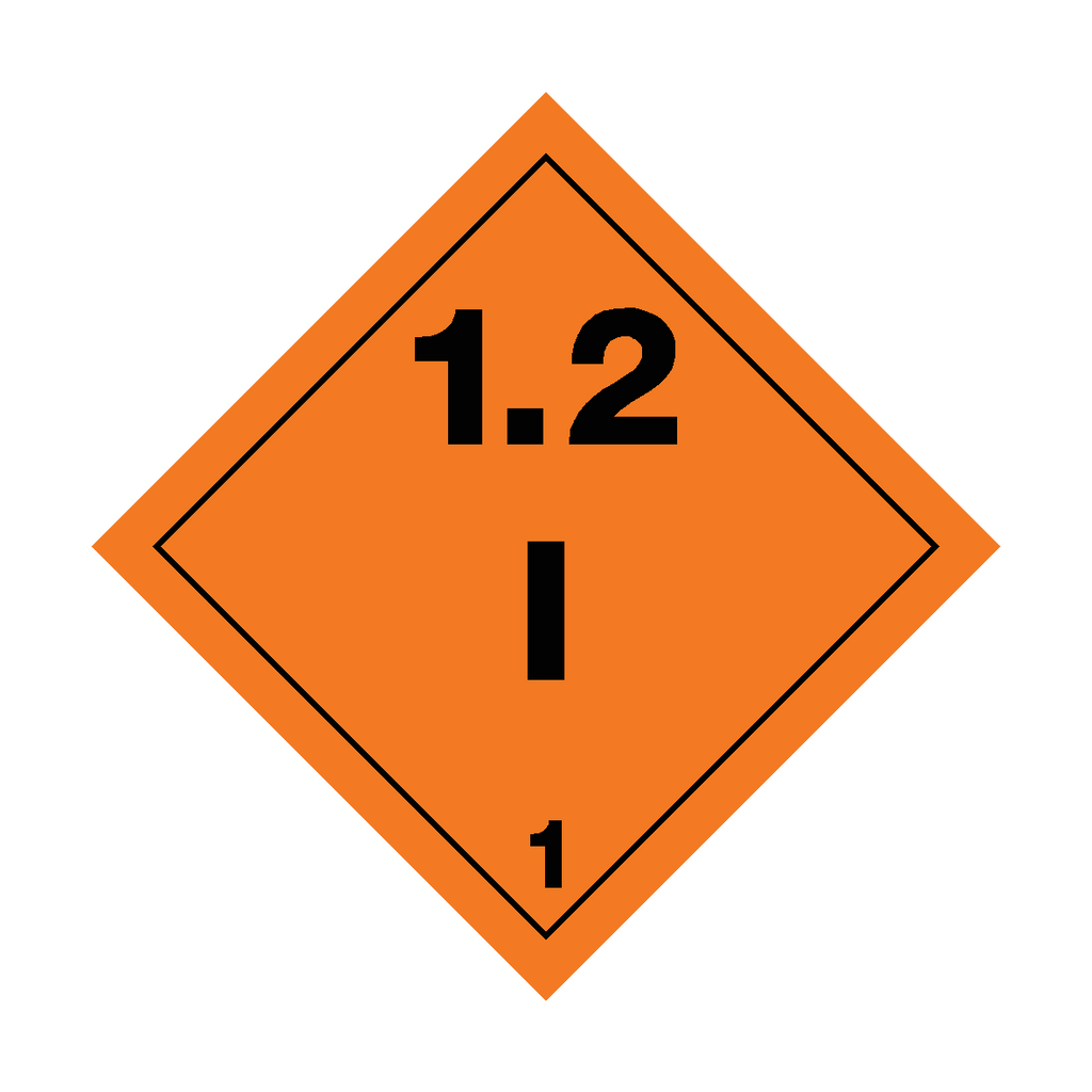 Self-adhesive Class 1.2 Explosives I sticker by Safety-Label.co.uk, featuring hazard warning label with bold text and safety symbols.