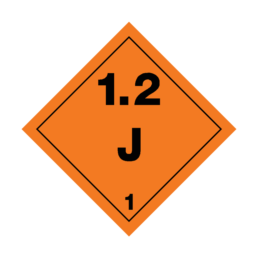 Self-adhesive Class 1.2 Explosives J sticker by Safety-Label.co.uk, featuring bold warning text on a white background.