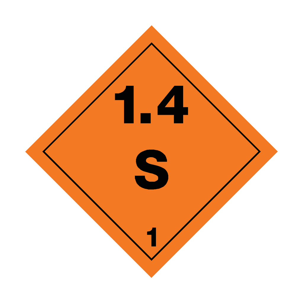 Self-adhesive Class 1.4 Explosives S sticker from Safety-Label.co.uk, featuring warning symbols and bold red text on a white background.