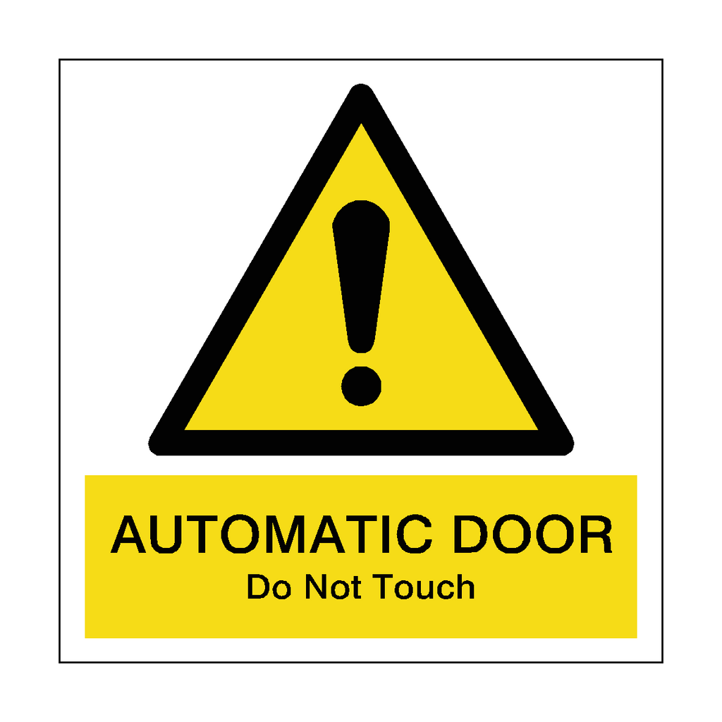 Self-adhesive automatic door hazard warning sticker from Safety-Label.co.uk with "Do Not Touch" message for safety.