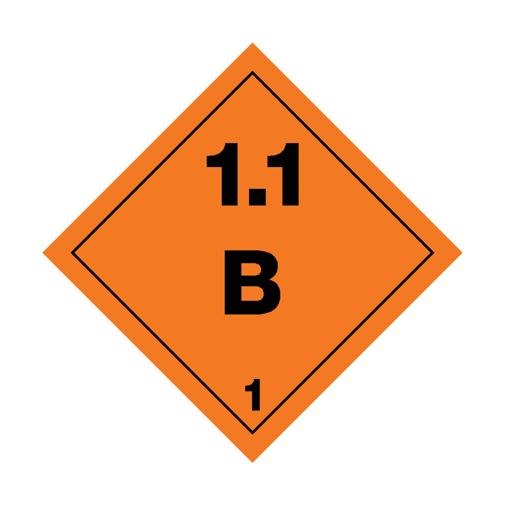 Self-adhesive Class 1.1 Explosives B sticker from Safety-Label.co.uk, featuring warning symbol and bold text on a yellow background.