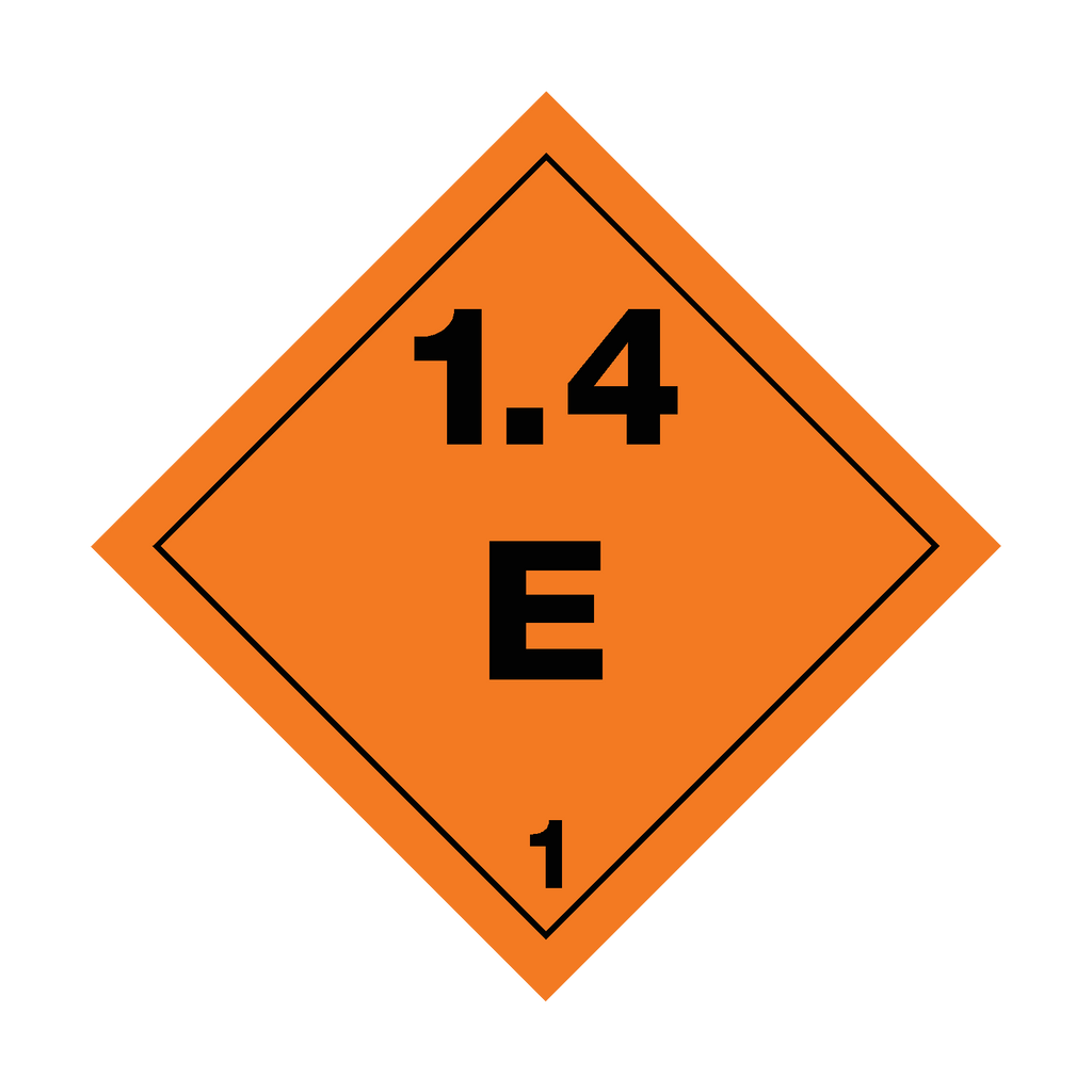 Class 1.4 Explosives E safety sign by Safety-Label.co.uk, warning of explosive materials, with bold red and white design.