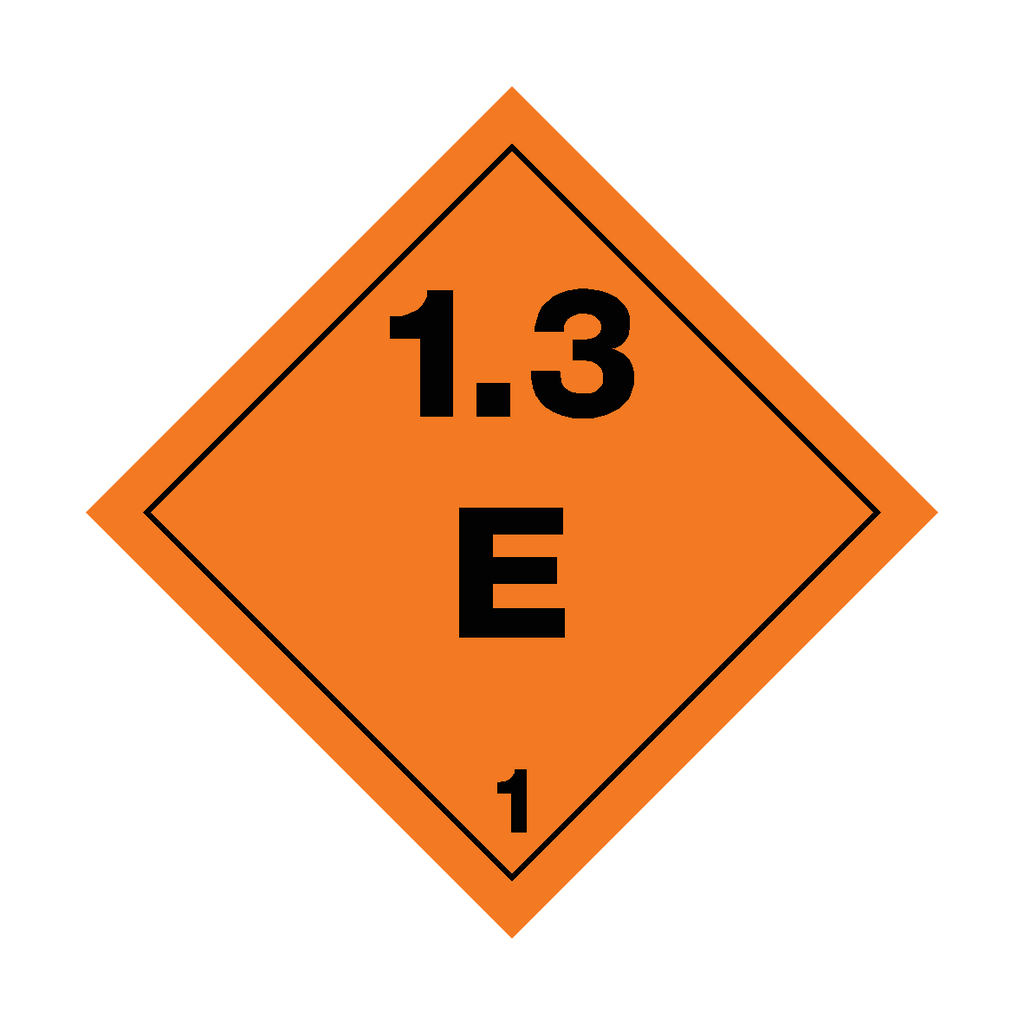 Self-adhesive Class 1.3 Explosives E safety sticker from Safety-Label.co.uk showing warning symbol and text for hazardous materials.