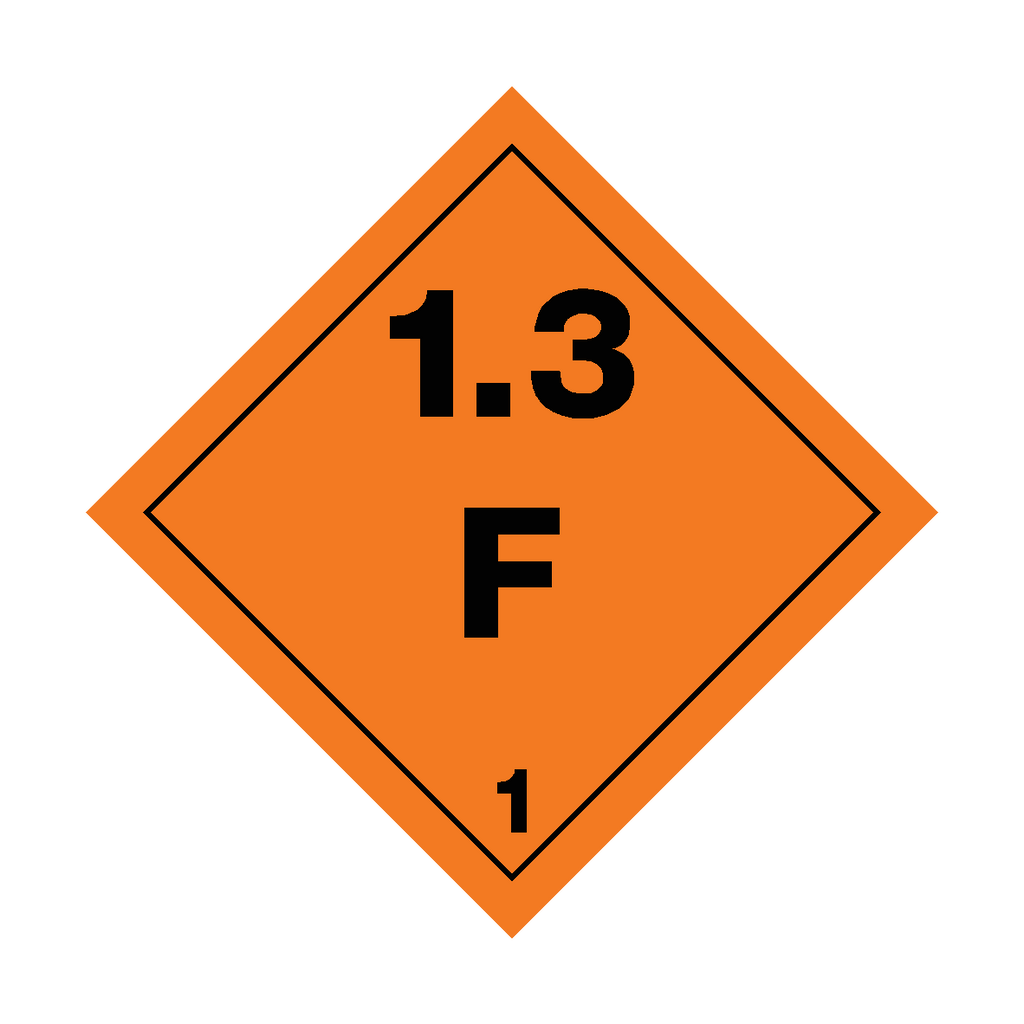 Self-adhesive Class 1.3 Explosives F sticker from Safety-Label.co.uk showing warning symbol and bold text for safety labeling