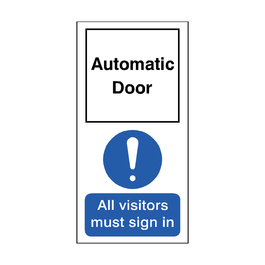 Self-adhesive automatic door visitors sign sticker by Safety-Label.co.uk, with "Visitors Sign In Mandatory" message on a tall sticker.
