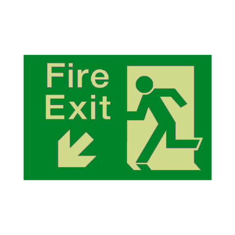 Fire Exit Down Left Arrow Photoluminescent Sticker | Safety-Label.co.uk
