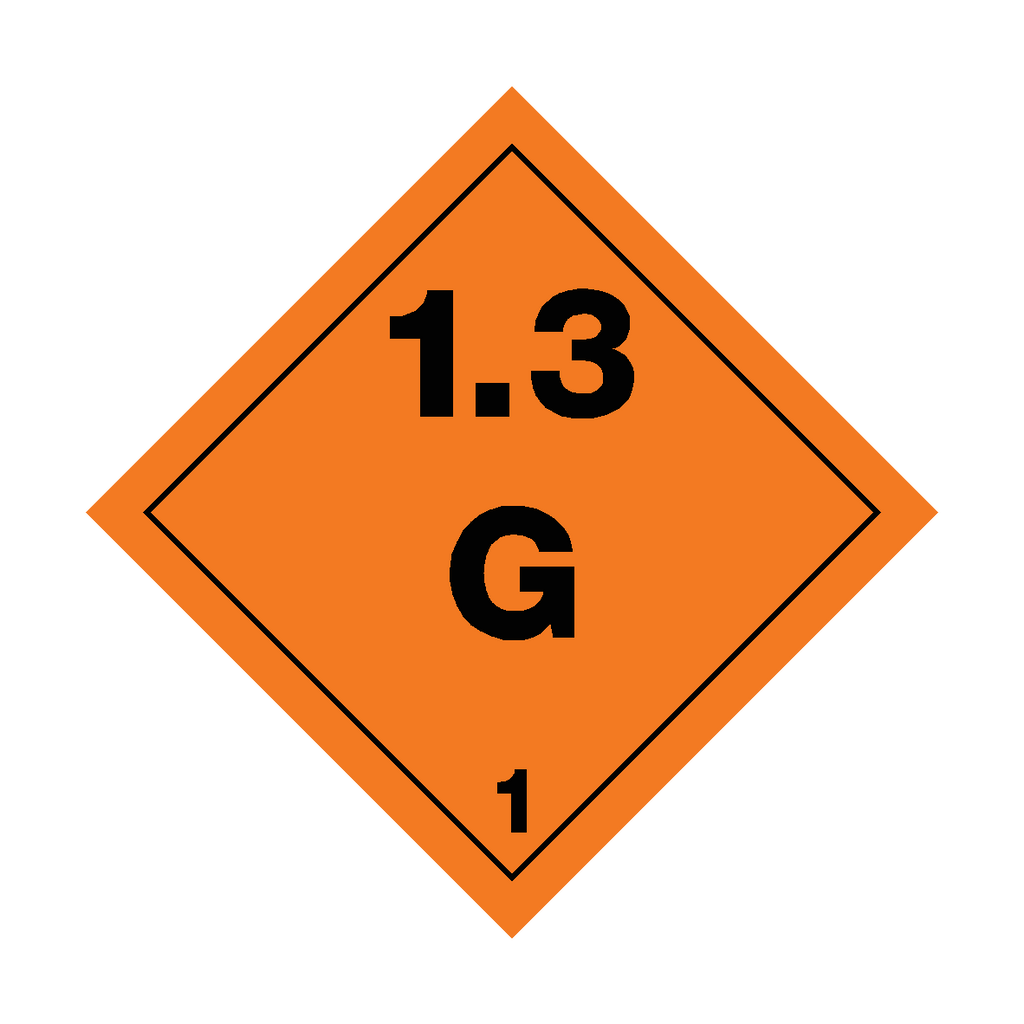 Self-adhesive Class 1.3 Explosives G sticker from Safety-Label.co.uk, featuring clear warning text and bright safety colors.