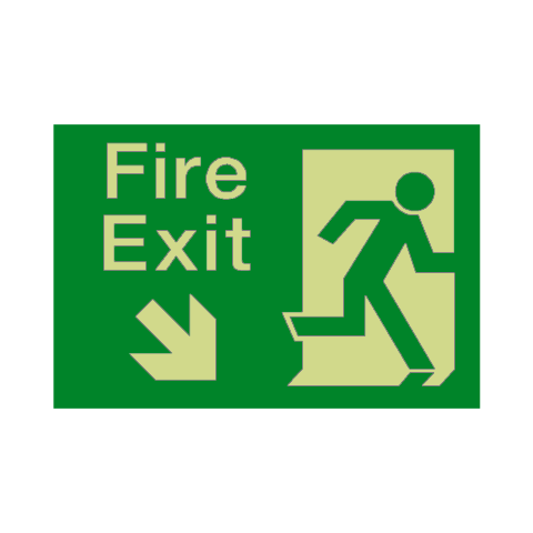 Fire Exit Down Right Arrow Photoluminescent Sticker | Safety-Label.co.uk