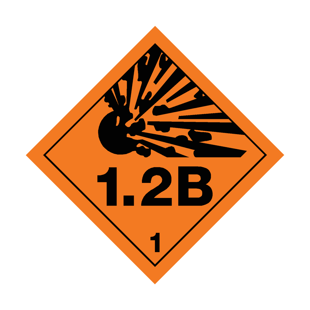 Self-adhesive Class 1.2B Explosive Sticker from Safety-Label.co.uk, featuring a warning symbol and bold red text for safety compliance.