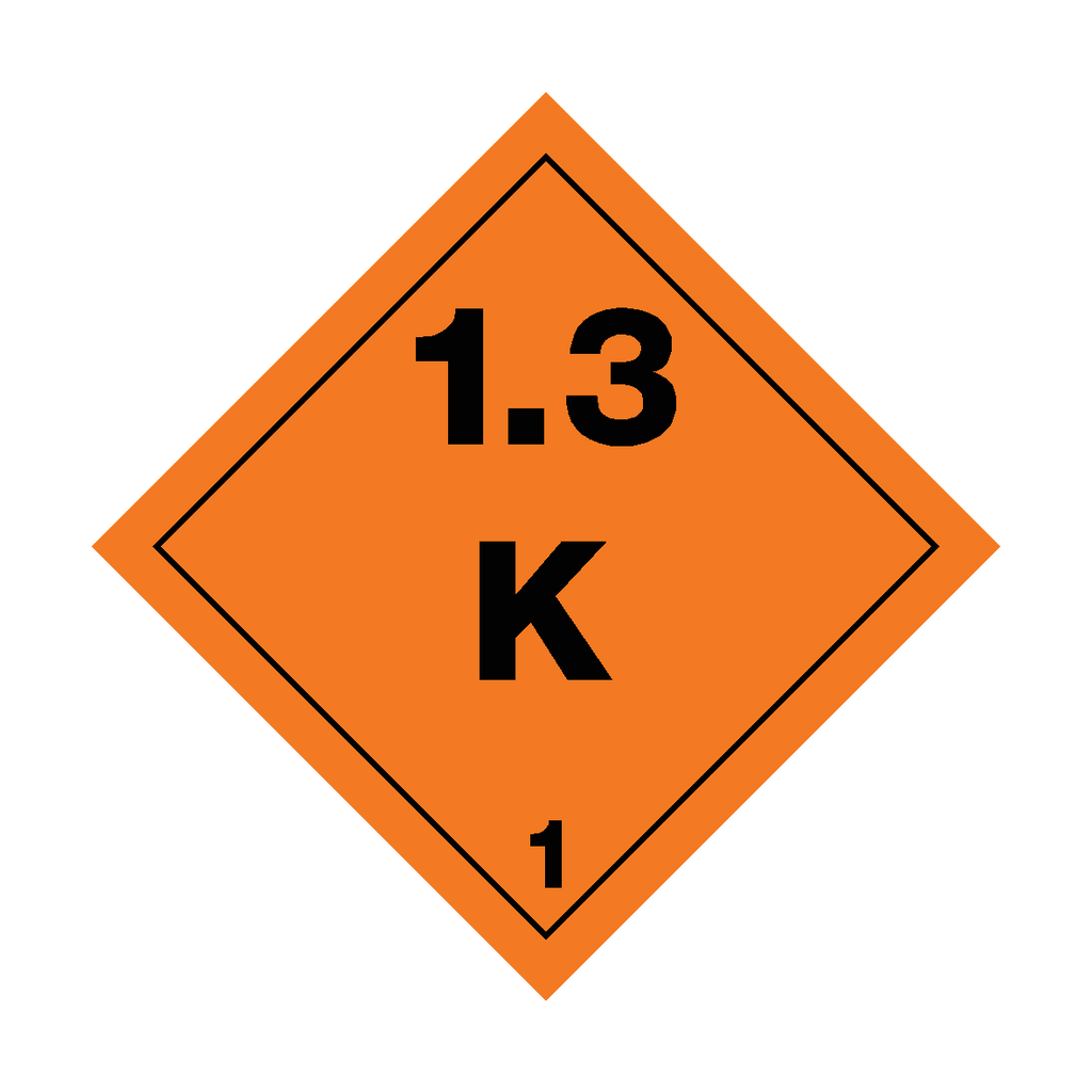 Self-adhesive Class 1.3 Explosives K sticker from Safety-Label.co.uk with warning symbol and bold text for safety signage.