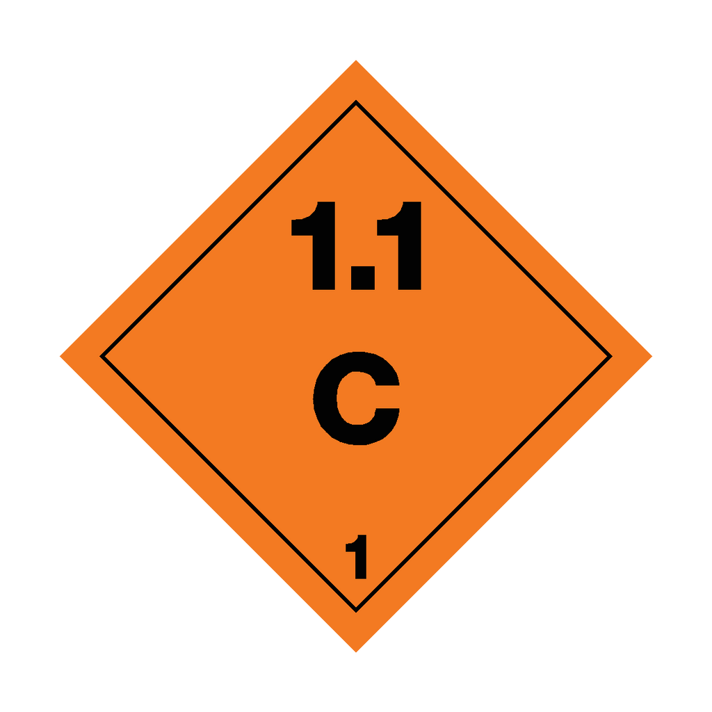 Self-adhesive Class 1.1 Explosives C safety sticker with bold warning text from Safety-Label.co.uk
