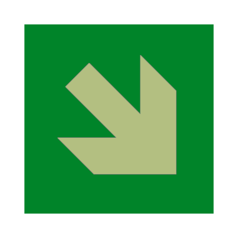Photoluminescent arrow down right sticker from Safety-Label.co.uk, glowing directional sticker for safety and signage.