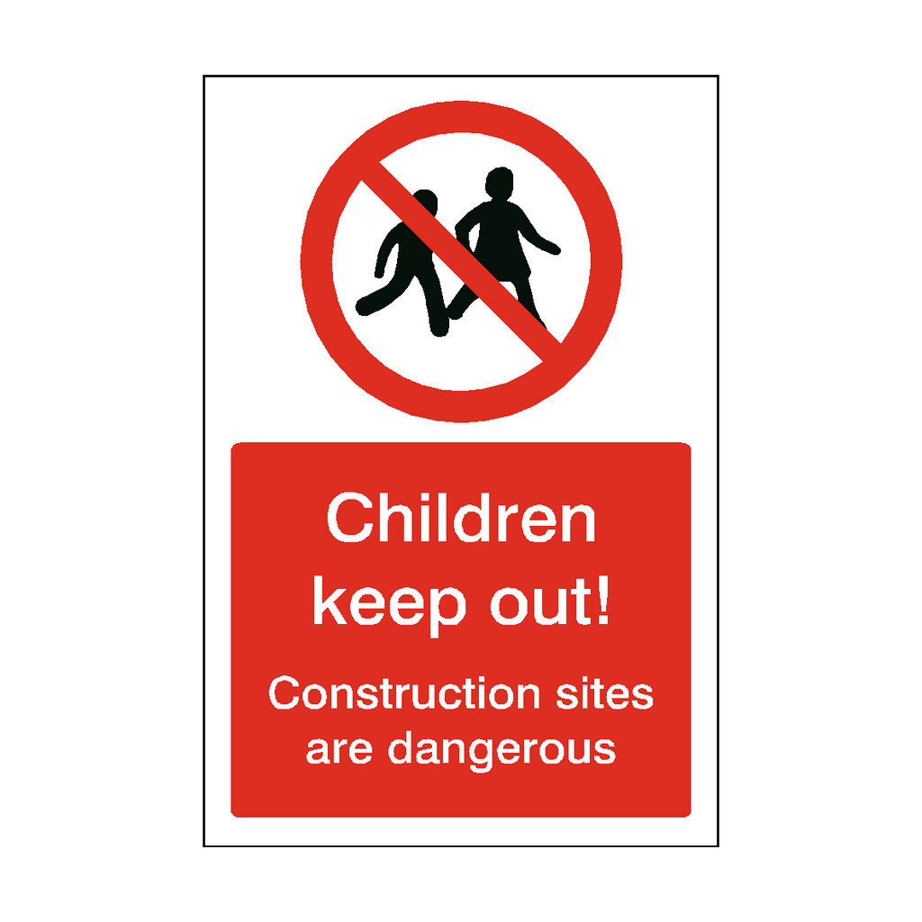 Self-adhesive Children Keep Out Construction Site sticker with warning text and construction graphics by Safety-Label.co.uk