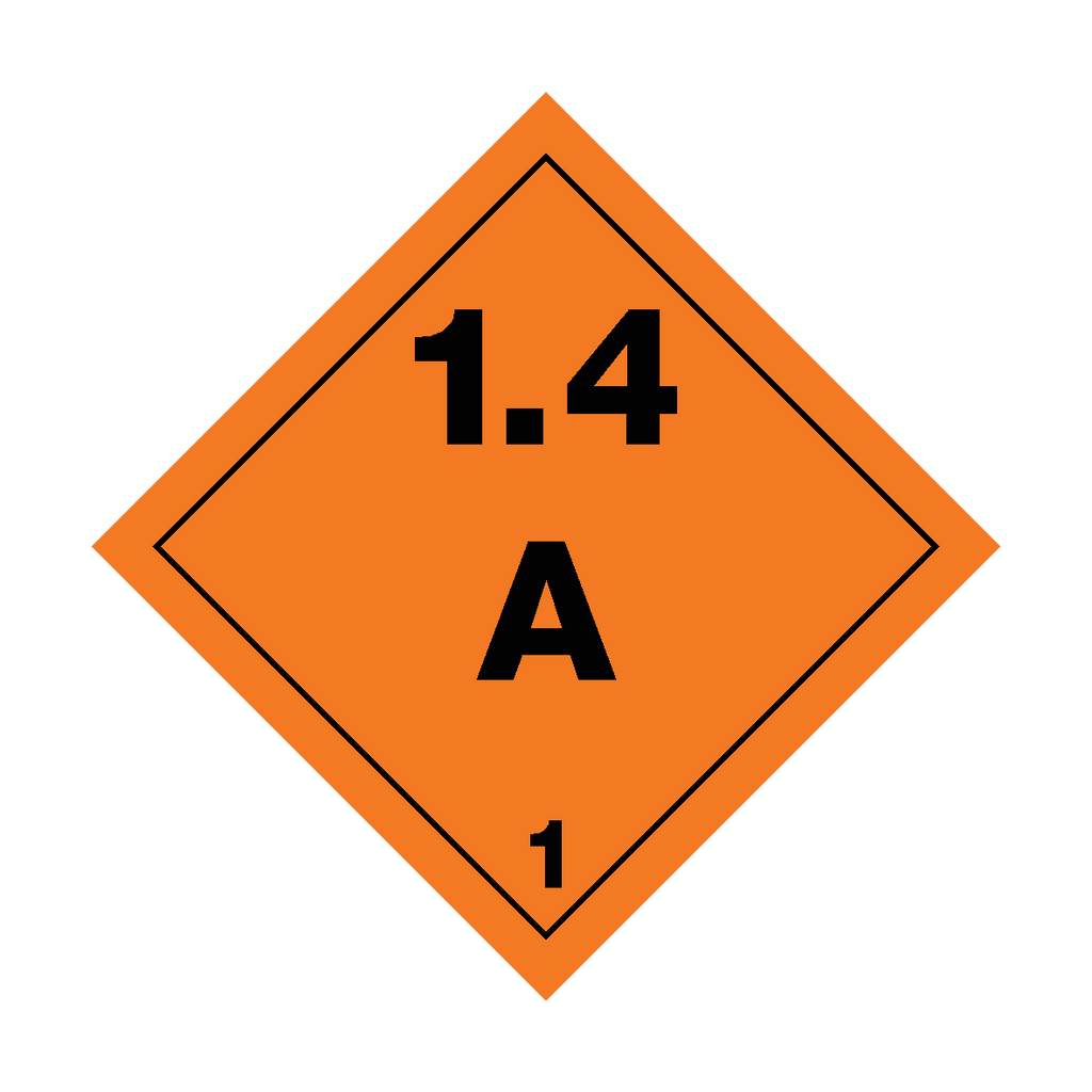 Self-adhesive Class 1.4 Explosives sticker from Safety-Label.co.uk, featuring warning text and hazard symbols for safety compliance.