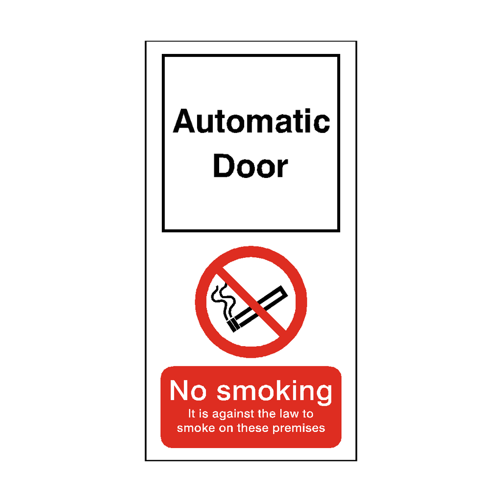 Self-adhesive "No Smoking On Premises" prohibition sticker by Safety-Label.co.uk, tall design with clear no smoking symbol.
