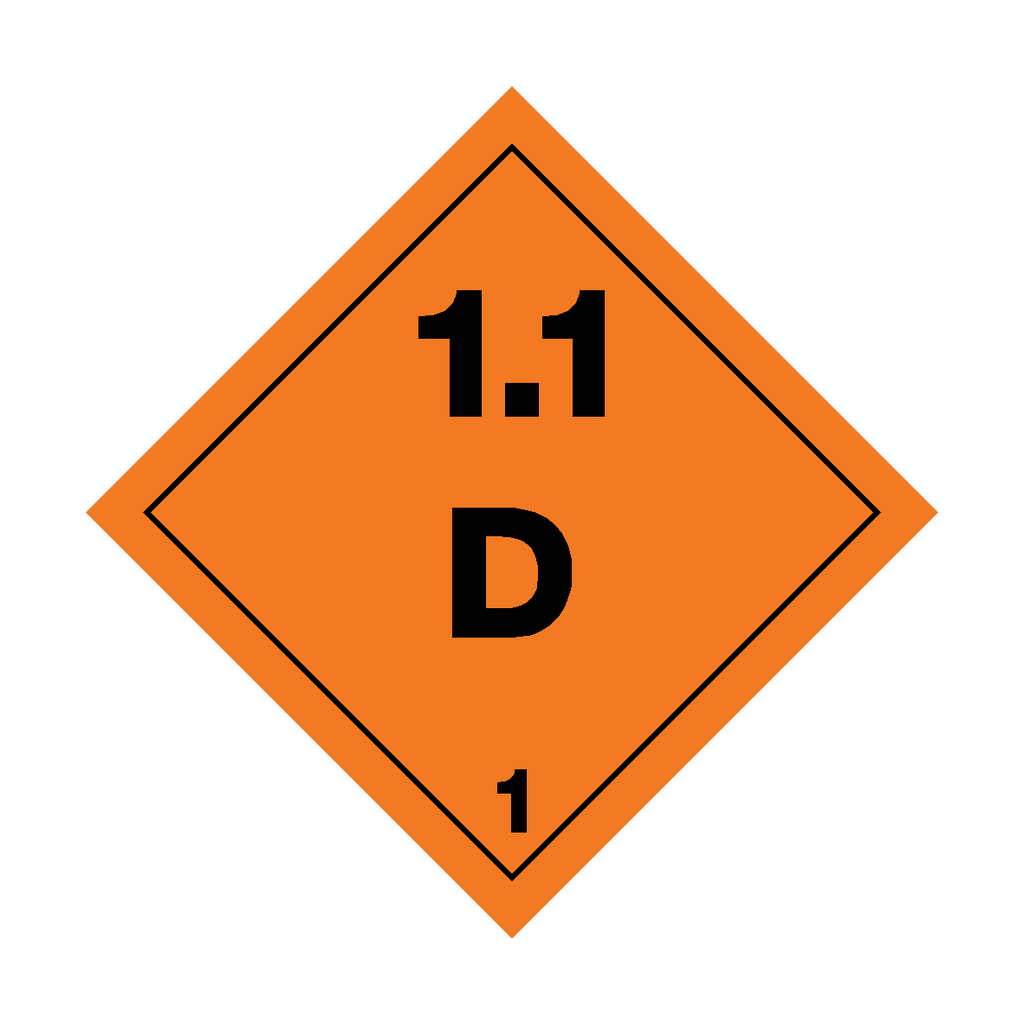 Self-adhesive Class 1.1 Explosives D warning sticker from Safety-Label.co.uk, featuring safety symbols and bold text.