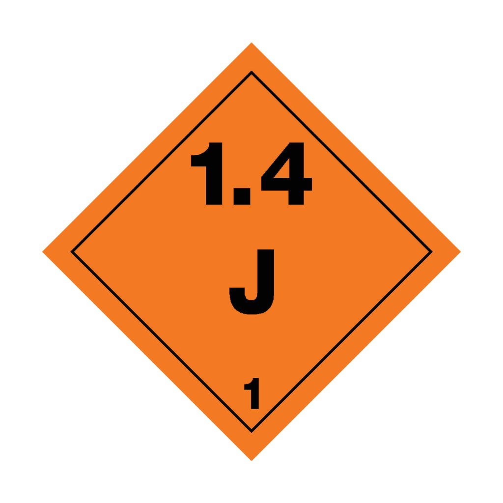 Self-adhesive Class 1.4 Explosives J sticker by Safety-Label.co.uk, featuring warning symbols and clear safety markings.