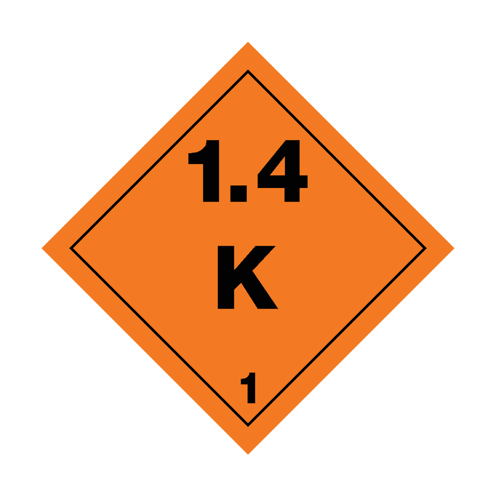 Self-adhesive Class 1.4 Explosives K sticker from Safety-Label.co.uk, featuring bold warning text and safety symbols.